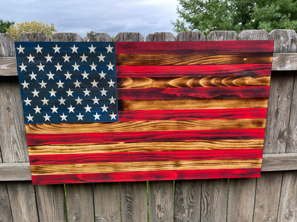 Large US Wood Flag w/Red and Burned Stripes