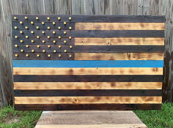 Thin Blue Line Wood Flag w/Brass Stars